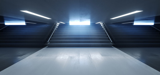 Dark Empty Underground Tunnel Corridor Stairs Signs Lights White Blue Empty Reflective Grunge Concrete Modern 3D Rendering