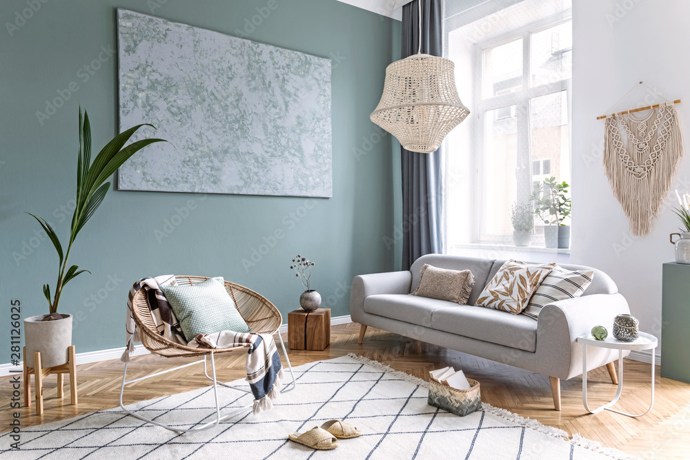 Boho style living room with macrame, rattan armchair and sofa - obrazy, fototapety, plakaty 