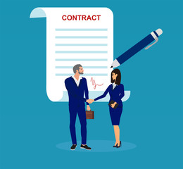 Wall Mural - Vector of a business man and businesswoman shaking hands reaching a deal, signing a contract