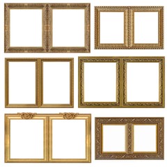 Wall Mural - Set of double golden frames (diptych) for paintings, mirrors or photos isolated on white background