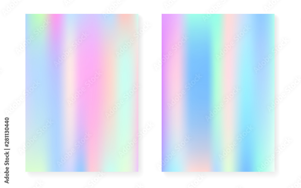 Hologram gradient background set with holographic cover. 90s, 80s retro style. Pearlescent graphic template for placard, presentation, banner, brochure. Plastic minimal hologram gradient. - obrazy, fototapety, plakaty 