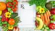 © millefloreimages - Healthy lifestyle, food is medicine, prescription for good health concept flatlay with colorful fruits and vegetables and clipboard.
