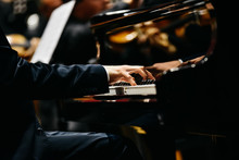 Pianist Playing A Piece On A Grand Piano At A Concert, Seen From The Side.
