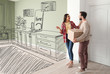 © Pixel-Shot - Happy couple imagining interior of new house on moving day