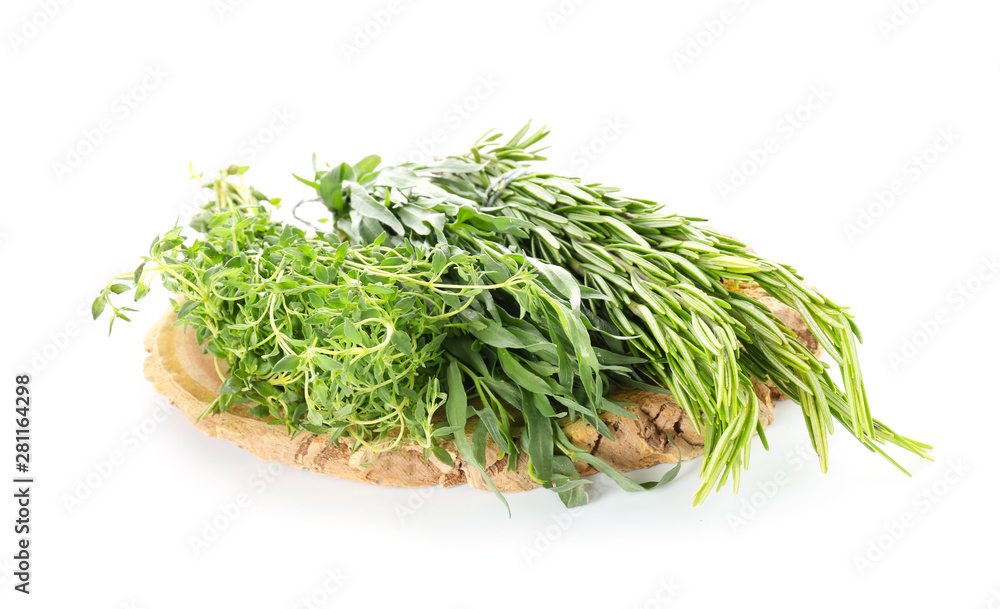 Different fresh herbs on white background