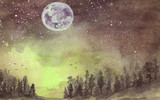 Fototapeta  - Forest in the fog. The hills. Silhouette of flying birds. Moon in starry sky. Hand-drawn, watercolor  texture. Yellow and brown background.