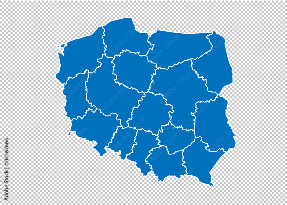 poland map - High detailed blue map with counties/regions/states of poland. poland map isolated on transparent background. - obrazy, fototapety, plakaty 