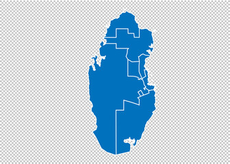 qatar map - High detailed blue map with counties/regions/states of qatar. qatar map isolated on transparent background.