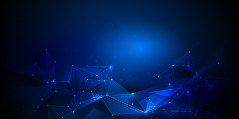 Molecules with Circles, Lines, Geometric, Polygon, Triangle pattern. Vector design network communication technology on dark blue background