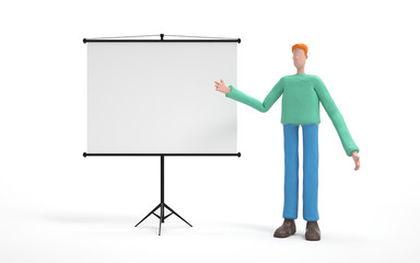 Wall Mural - A man standing near projector screen and pointing something. business concept. 3d rendering,conceptual image.