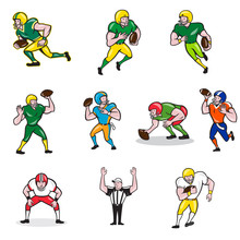 Set Or Collection Of Cartoon Character Style Illustration Of American Football Player In Different Roles Like Quarterback, Running Back, Center, Wide Receiver,tackle, Guard And Referee.