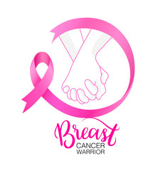 Wall Mural - Holding hands with  Pink ribbon curve. Breast Cancer Awareness Month Campaign. Icon design. Vector illustration isolated on white background.