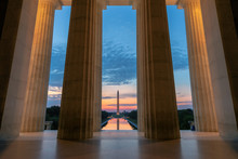 Lincoln Memorial At Sunrise, View At Washington Monument And Reflecting Pool In Washington, D.C., USA.