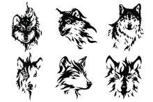 Heads Of A Wolf Set. Styling The Head For Your Design. Vector Illustration, Isolated Objects.