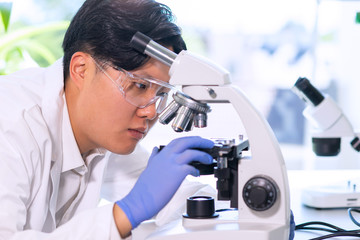 Asian scientist working in lab. Doctor making microbiology research. Laboratory tools: microscope, test tubes, equipment. Biotechnology, chemistry, bacteriology, virology, dna and health care.