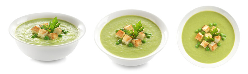 Fresh vegetable detox soup with croutons in dish on white background