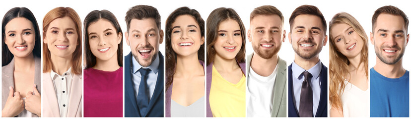 Sticker - Collage of smiling people on white background. Banner design