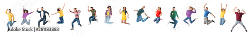 Fotomural Collage of emotional people jumping on white background