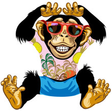 Cartoon Chimpanzee Great Ape Wearing Red Sunglasses And Shirts With Palm Trees. Sitting Chimp Monkey In Vacation Smiling With A Big Smile On Face Showing Teeth. Front View. Isolated Vector 