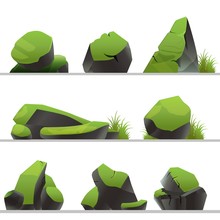 Set Of Stones Covered With Moss And Grass. Stones Of Different Shapes Isolated On A White Background.