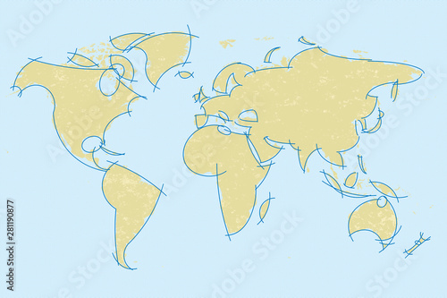 Antique world map bordered by curved lines.
