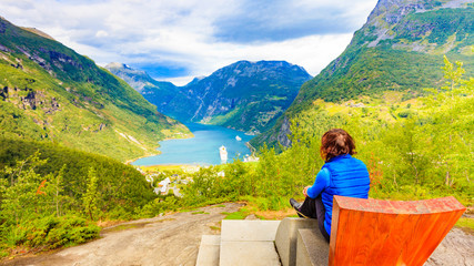 Sticker - Tourist enjoying Geirangerfjord from viewing point