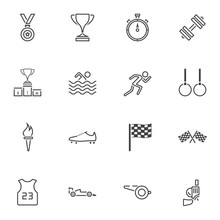 Sport Equipment Line Icons Set. Linear Style Symbols Collection, Outline Signs Pack. Vector Graphics. Set Includes Icons As Award Cup, Gymnastic Rings, Swimming, Race Flag, Olympic Flame, Stopwatch