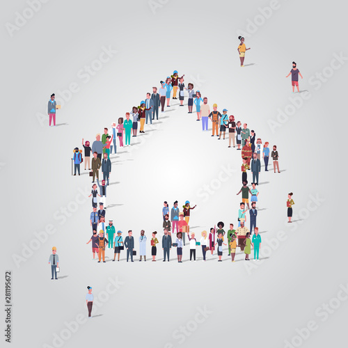 Cuadros en Lienzo people crowd gathering in home icon shape social media community house building