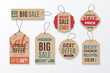 Set of cardboard sale tags with text - Big Sale, Special Offer, Half Price, Best Choice. Vector vintage labels for design of promotional banners and discount flyers. Isolated from background.