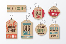 Set Of Cardboard Sale Tags With Text - Big Sale, Special Offer, Half Price, Best Choice. Vector Vintage Labels For Design Of Promotional Banners And Discount Flyers. Isolated From Background.