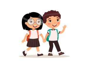 Wall Mural - Schoolmates going to school flat vector illustration. Couple pupils in uniform holding hands isolated cartoon characters. Happy elementary school students with rucksack back to school after holidays