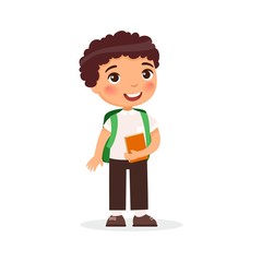 Wall Mural - School boy, happy teenager flat vector illustration. Boy with book and backpack isolated cartoon character. Elementary school pupil going to lesson. Cheerful caucasian young schoolboy. Back to school