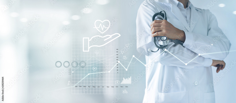 Healthcare business graph and Medical examination, Health Insurance, Doctor with stethoscope in hand and data growth chart ,Medical and medicine business on hospital background. - obrazy, fototapety, plakaty 