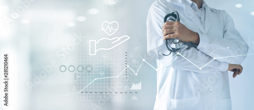 Fotomural Healthcare business graph and Medical examination, Health Insurance, Doctor with stethoscope in hand and data growth chart ,Medical and medicine business on hospital background