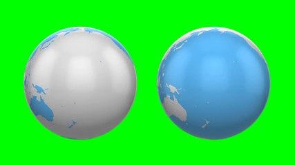 Wall Mural - Animation of a blue white planet earth rotates on a green screen. Two options with different colors of earth and water