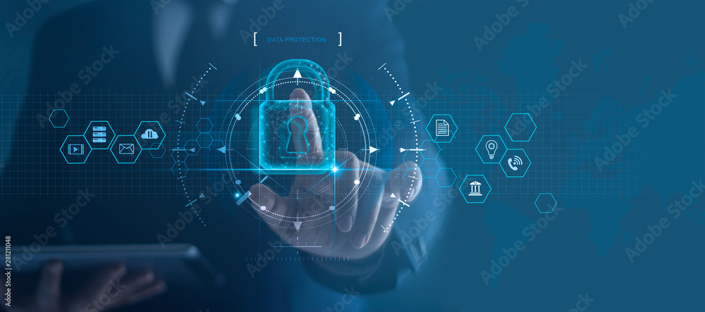 Cyber security network. Padlock icon and internet technology networking. Businessman protecting data personal information on tablet and virtual interface. Data protection privacy concept. GDPR. EU. - obrazy, fototapety, plakaty 
