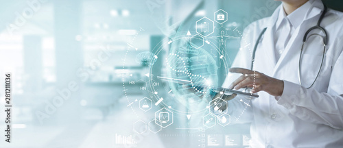 Fotografía Medicine doctor touching electronic medical record on tablet