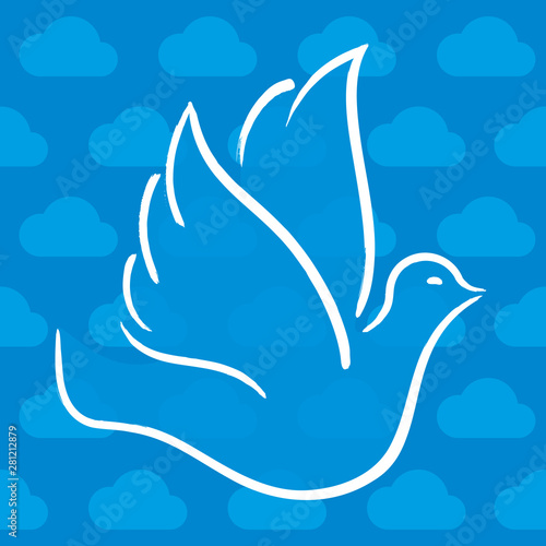 Dove flying over cloudy sky in blue and white tones.