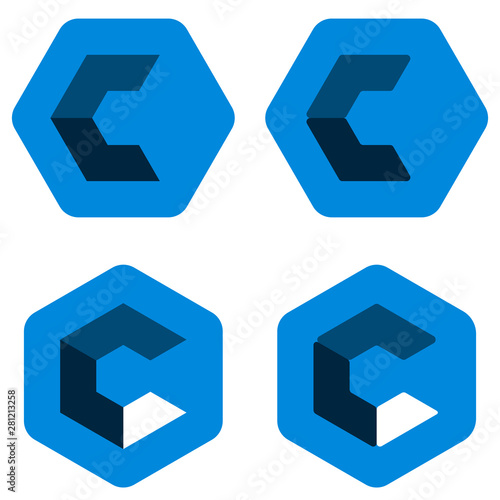 Hexagon c logo in different positions. Three dimensional.