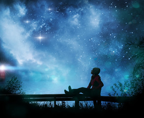 Wall Mural - girl watching the stars in night sky