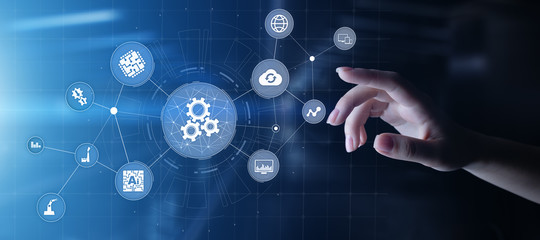 Automation of business and industrial manufacturing process. Technology innovation and software development concept on virtual screen.