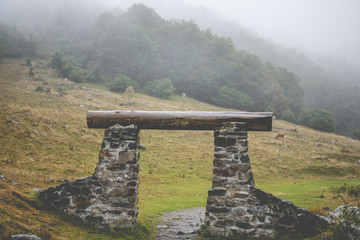 Wall Mural - paisaje con niebla, portal en el camino