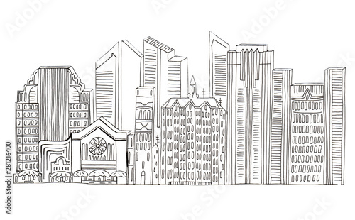 Illustration Of Sketch Drawing Black Contour Of Skyline Cities On