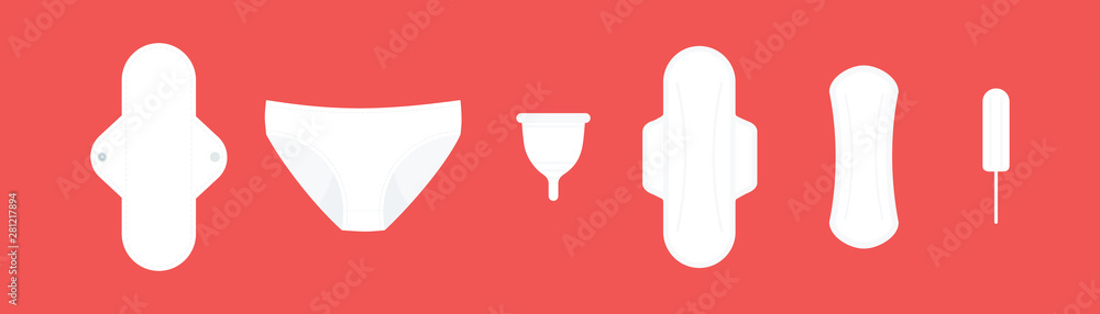 Feminine hygiene products. Classic products: sanitary pads and tampon. Sustainable products: cloth menstrual pad, period panties and menstrual cup. Red background. Vector illustration, flat design - obrazy, fototapety, plakaty 