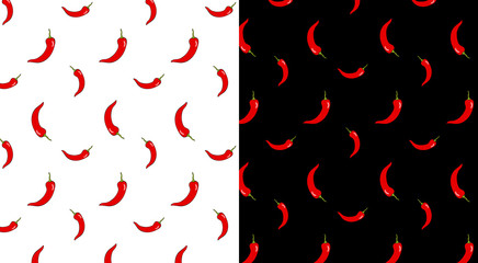 Set of seamless patterns of small red chili peppers with green tails on a black and white background. Vector illustration.