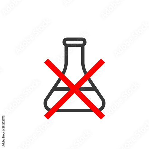 Chemical free icon. Сrossed sign with laboratory beaker. Vector illustration. Isolated black object on white background.