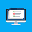 © Belozersky - Online surveys form. Online exam. Checklist on the computer screen. Isolated vector illustration in flat style.