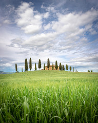 Wall Mural - A farmhouse between Tuscan hills. Pienza, Val d'Orcia, Tuscany, Italy.