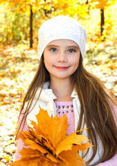 autumn portrait of adorable smiling little girl child with leaves