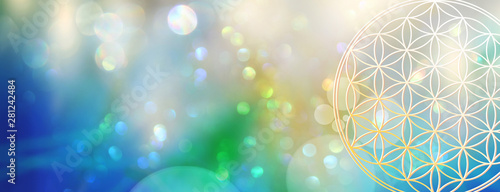Cuadros en Lienzo Banner: Blume des Lebens erstrahlt aus der Tiefe eines glitzernden Lichterfelds